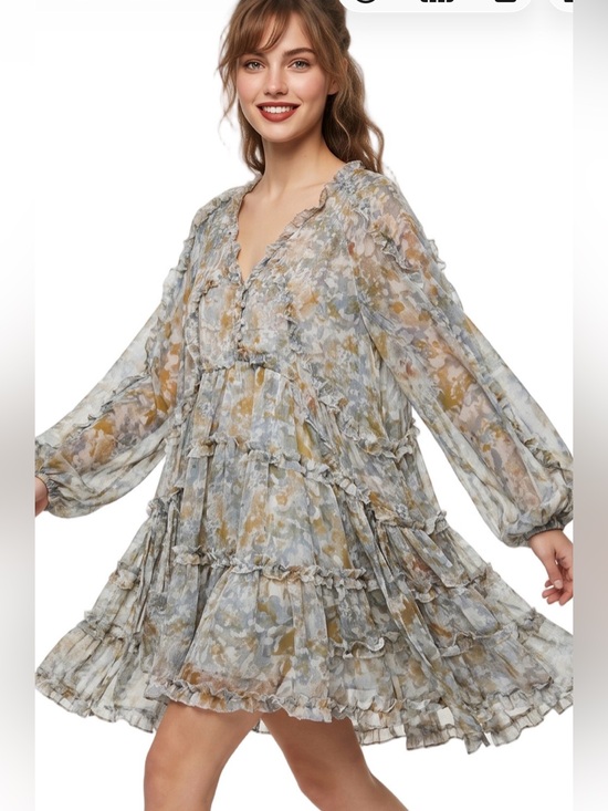o.p.t Dresses & Skirts - OPT Green Gray longsleeve V neck Chiffon mini dress Ruffle trim Adjustable ties